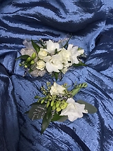 White Roses & Orchids Wrist Corsage with Boutonniere Set