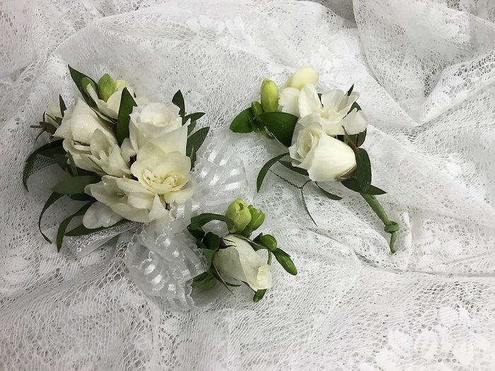 White Roses & Orchids Wrist Corsage with Boutonniere Set