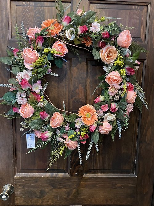 24\" GRAPEVINE PEACH GERB WREATH $90
