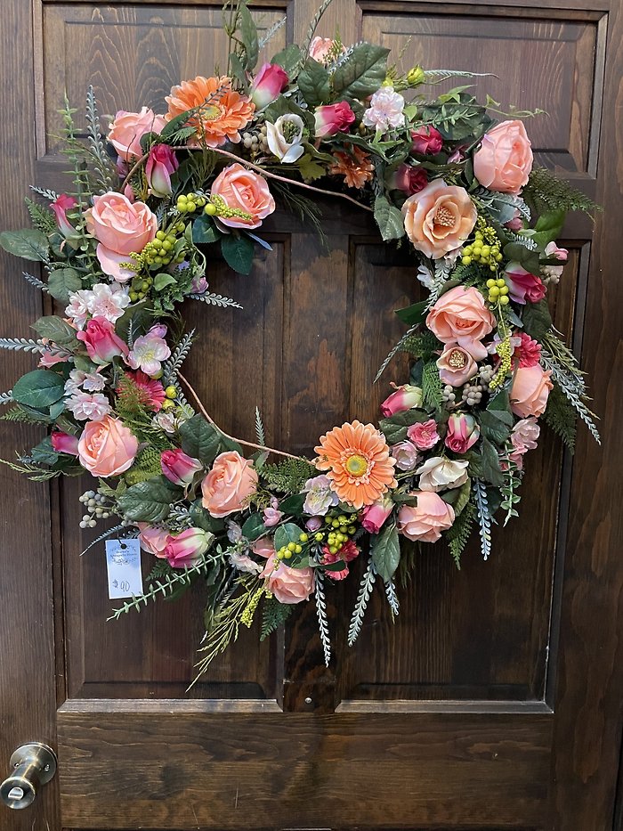 24\" GRAPEVINE PEACH GERB WREATH $90
