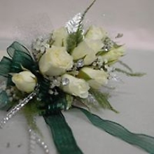 White Rose with Teal Ribbon Wrist Corsage