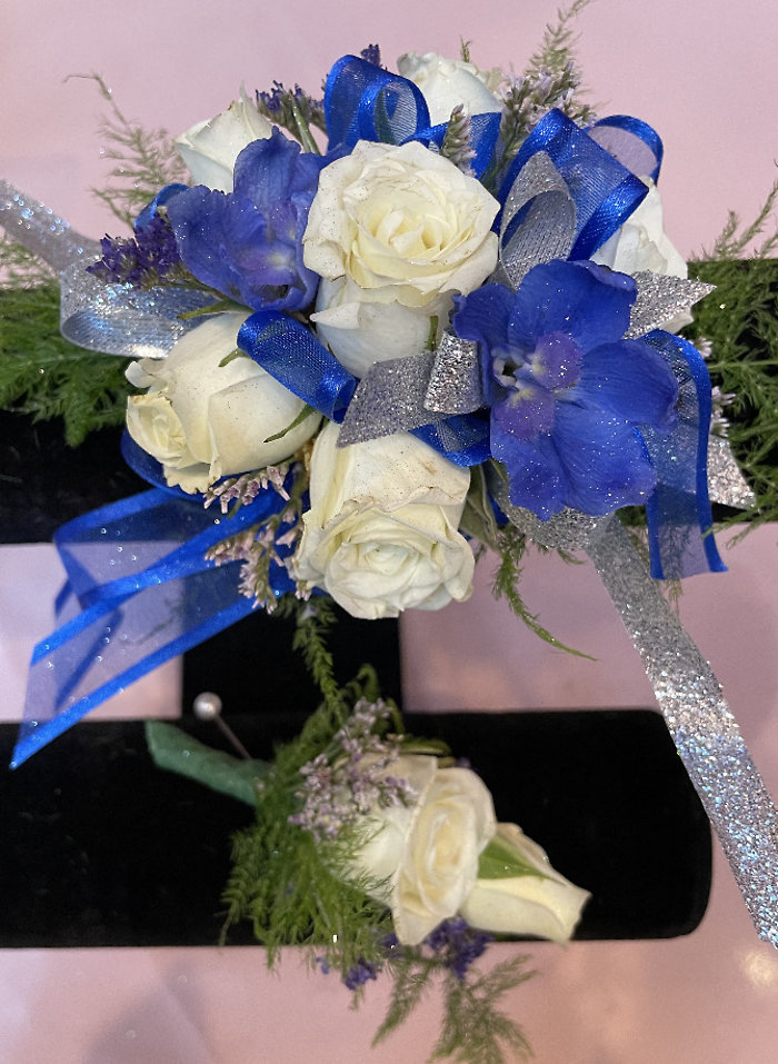 Silver and Blue Wrist Corsage with Boutineer