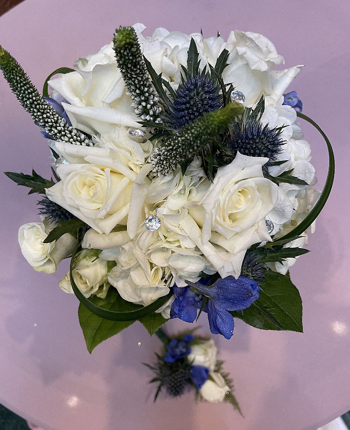Classic White with Blue Delphinium w/Crystals Handheld