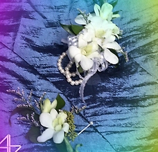 White Orchid Wrist Corsage with matching Boutonniere