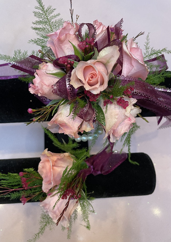Pink with Burgandy Accents on Pearl Bracelet Corsage