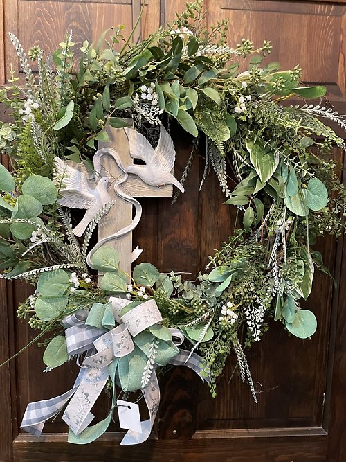 Resin Cross with Dove Grapevine Wreath