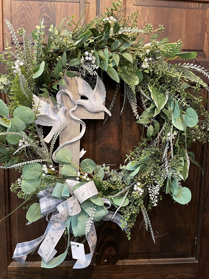 Resin Cross with Dove Grapevine Wreath