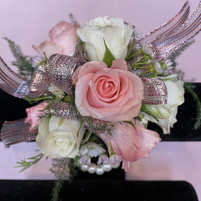 Pink & White Corsage on Pearl Wristlett