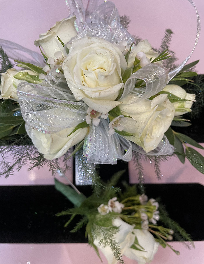 White Spray Rose w/Wax Flower Accents and Boutineer
