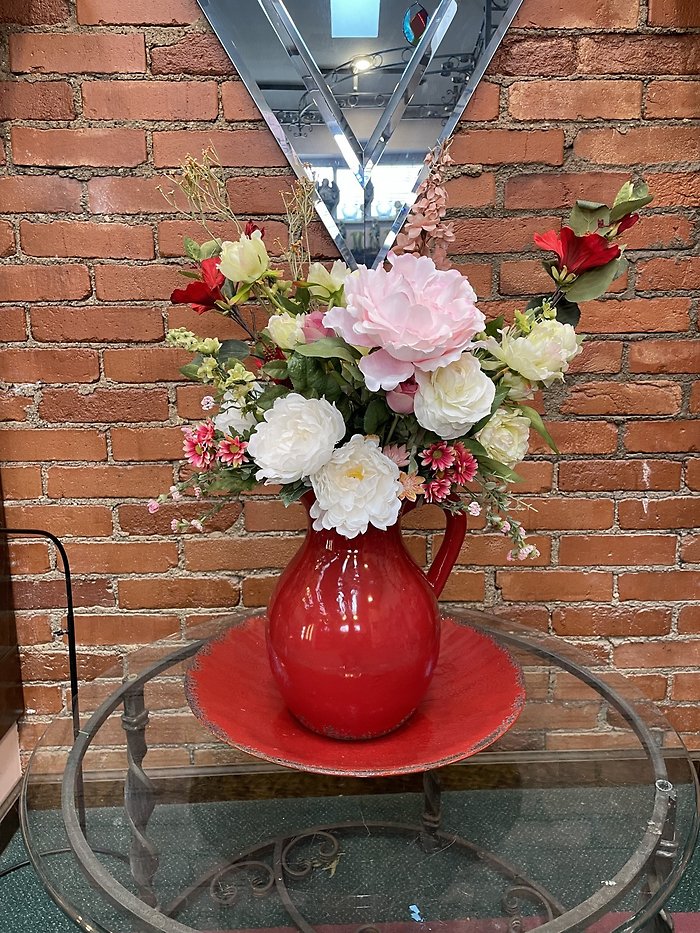 COUNTRY RED WATER PITCHER AND PLATTER  $125