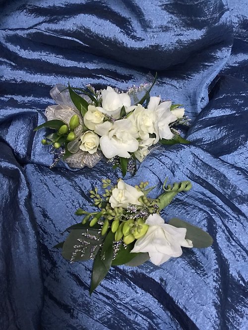 White Roses & Orchids Wrist Corsage with Boutonniere Set