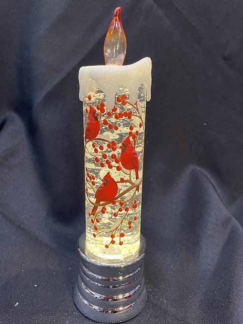 10\" Lighted Cardinal Candlestick Glitter Globe