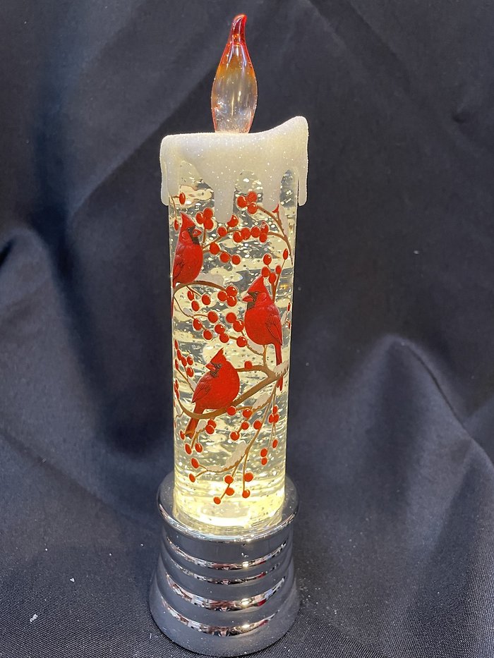 10\" Lighted Cardinal Candlestick Glitter Globe