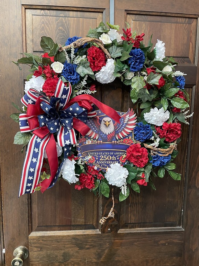 RED, WHITE & BLUE EAGLE WREATH 24 INCH GRAPEVINE