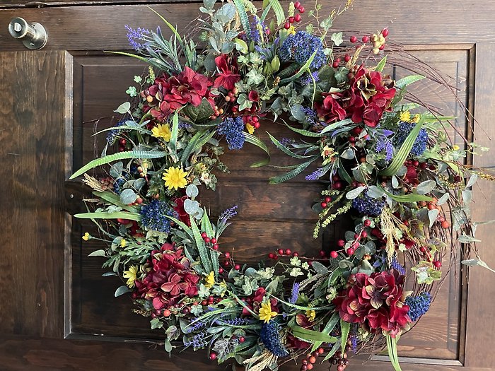 Red Fall Hydrangea Spiral Grapevine Wreath