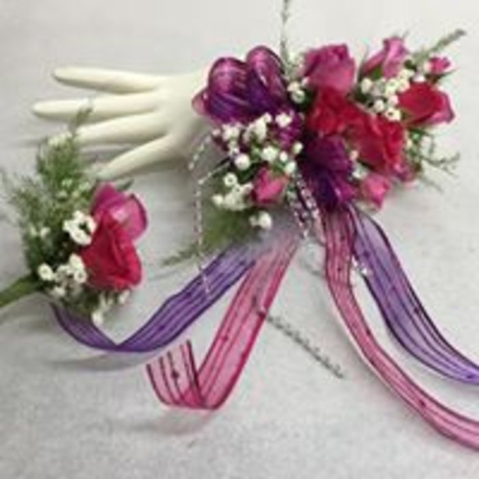 Purple and Pink Corsage with Matching Boutonniere
