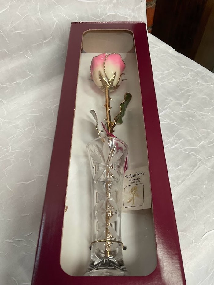 Pink Rose Dipped in 24 Gold with Crystal Vase